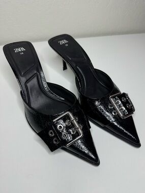 ZARA Black Patent Pointed Buckle Mules